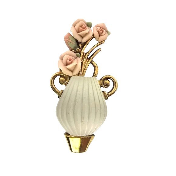 1928 Bridal Porcelain Rose Faux Pearl Necklace & Frosted Glass Brooch Set - Picture 8 of 16